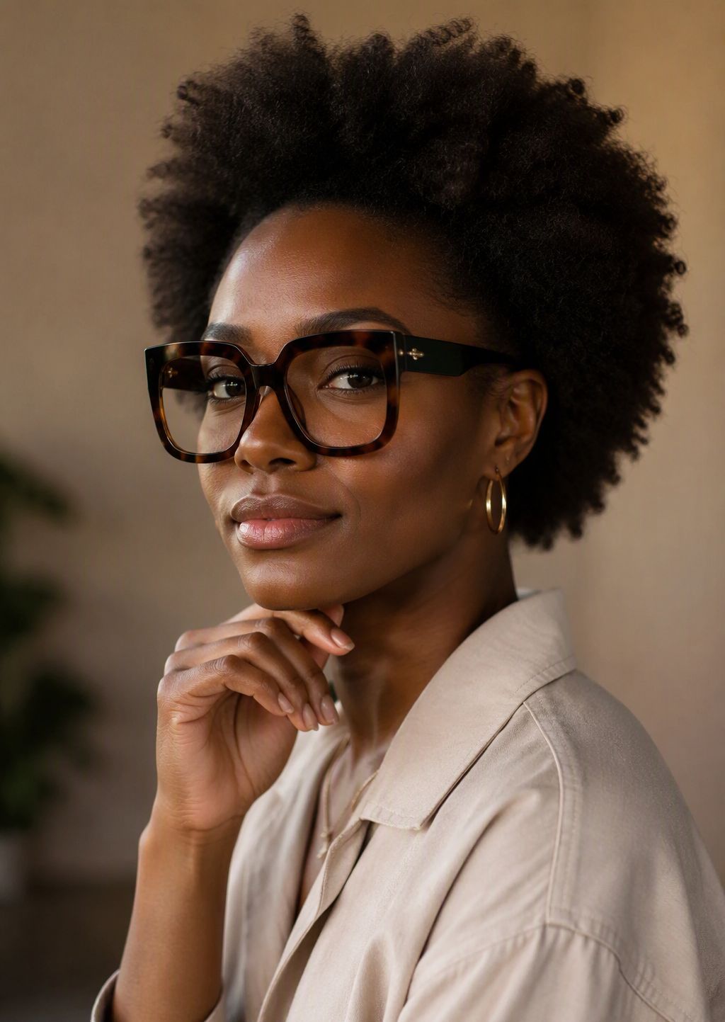A confident 28-year-old Black woman wearing bold oversized square glasses