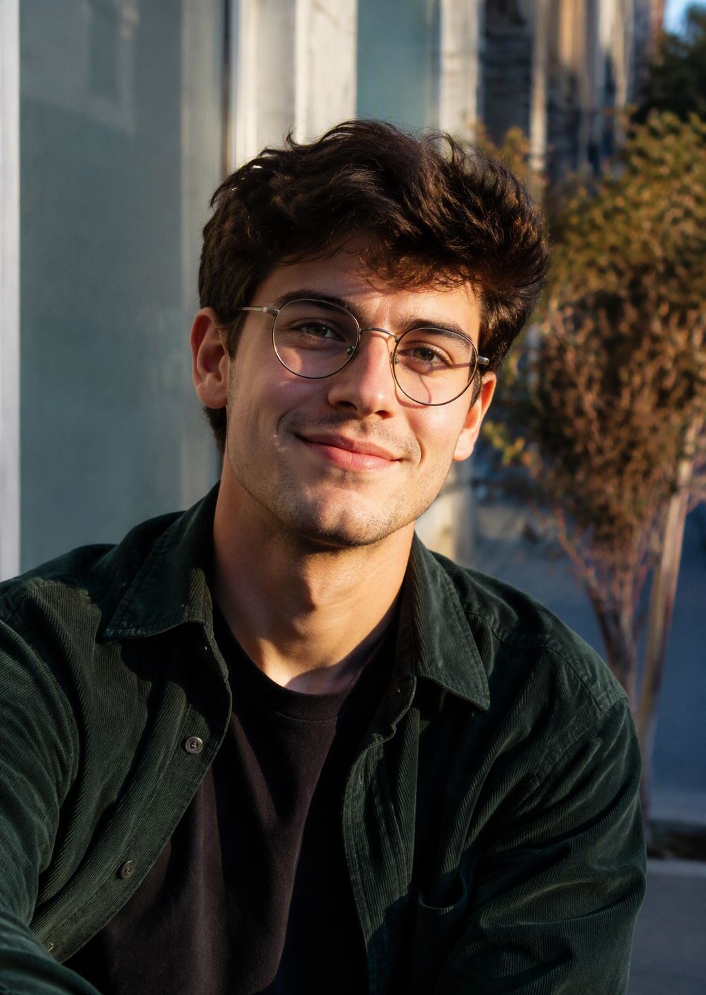 A stylish 24-year-old man wearing round metal-frame glasses in warm sunlight