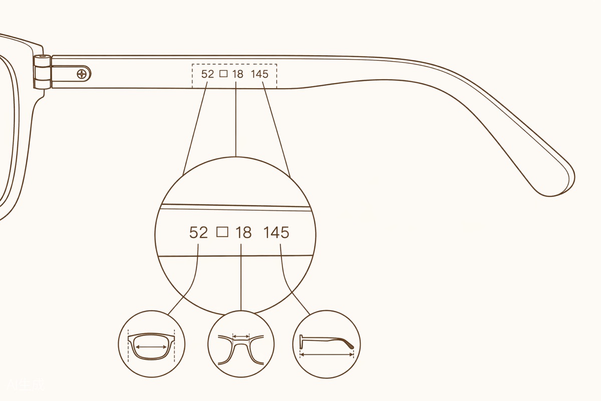 Where to find the three size numbers on your glasses’ temple arm — lens width, bridge, and temple length