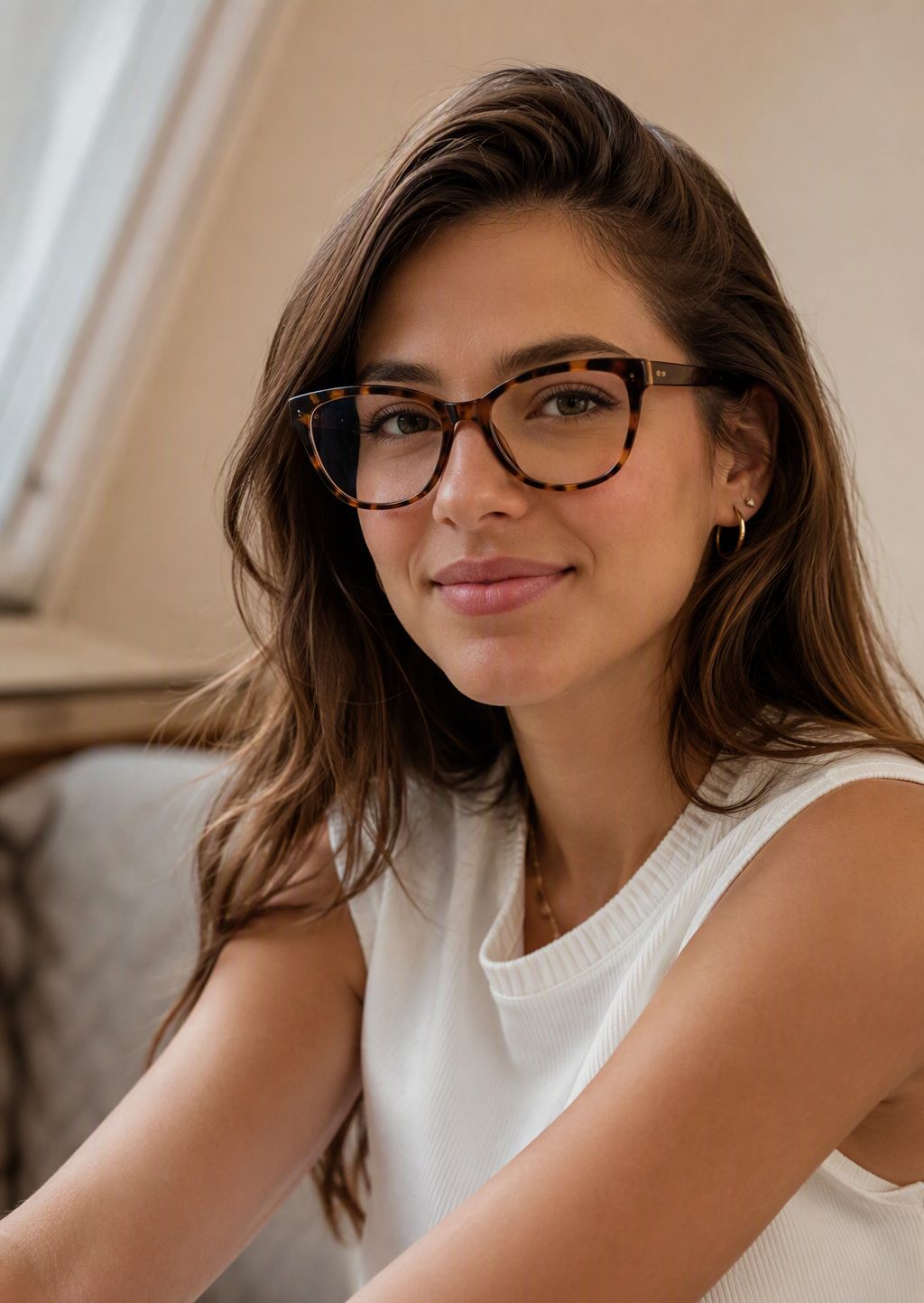 A smiling 27-year-old woman wearing cat-eye tortoiseshell glasses in soft window light